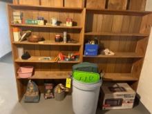 Basement Wall Shelving Contents - Plastic Trash Cans, House Repair Items, & Charcoal