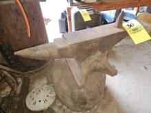 Early Solid Iron Anvil with Insert on Wooden Block