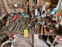 Workbench, Wooden Stand, & Contents - Many Tools, Sprays, Hardware, & more