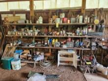 Contents of 4 Garage Shelves - Paints, Sprays, Oils, Tools, Hardware, & more