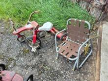 (2) Vintage Tricycles & Small Metal Outdoor Kids Rocker