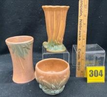 3 McCoy Pieces, Green on Brown Stoneware