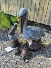 2 Concrete Pelican Statuettes & 2 Small Turtle Statuettes