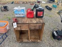 Wooden Cart, Fulton 5190 Bench Vise, & Gas Cans