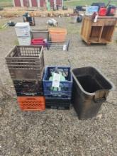 Plastic Crates, Trash Can, & Pump Sprayer