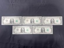 (5) Sequential US 1 Dollar Bills, 2 Sequences