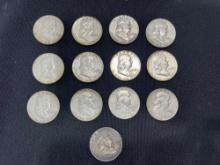 (13) Silver Franklin Half Dollars