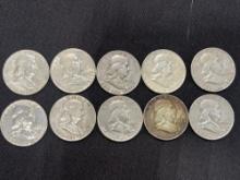 (10) Silver Ben Franklin Half Dollars