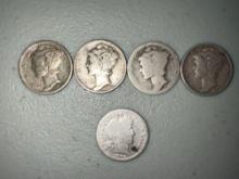 (4) Mercury Dimes and (1) Barber Dime