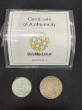 1936 German Silver 5 Reichsmark Coin and 1939 German Third Reich Silver 2 Reichsmarks Coin
