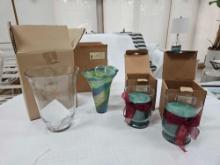 NIB Longaberger Collector's Club Glass Vase, Christmas Pine Candles, & Etched Glass Hurricane Glass