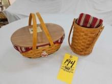 2004 Longaberger Christmas Get-Together Basket & 2005 Wine Beverage Basket w/ Liners, Protectors, &