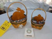 (2) 1998 Longaberger Stained Easter Baskets w/ Wooden Bunny Dividers, Liners, & Lids