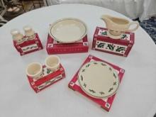 NIB Longaberger Traditional Holly Trivet, Sauce Boat, Salt & Pepper, Cups, & Pie Plate
