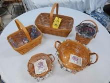 1991 Longaberger Hostess Sunroom Basket, 1993 Button Basket, 1995 Darning Basket, & 2 Medium Sized