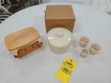 NIB Longaberger Pottery Woven Drum Crock & 1997 Dave Longaberger Basket w/ Lid, Liner, & Protector