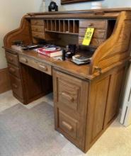 heavy oak roll top, knee hole desk