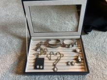 Box of sterling jewelry pieces - Navajo sterling set of earrings, rings, necklace and a bracelet