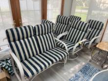 5 Patio chairs with cushions and a patio rocking bench with cushions