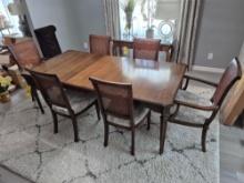 Ethan Allen Solid Mahogany Dining Table w/ 6 Chairs, 2 Leaves, & Table Covers