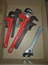 Box of Assorted Pipe Wrenches & Adjustable Wrench