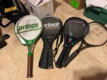 4 tennis rackets with carrying case and extra tennis balls - 3 prince rackets and a Dunlop racket