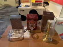 12 Avon clear fire transparent fragrance candles, 2 Avon Faceted crystal boxes, 2 solid brass candle