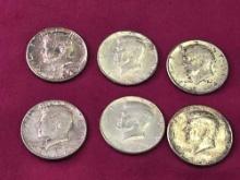 6 1964 Kennedy Silver Half Dollars