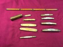 9 Early Pocket Knives, Balloon Tire Gauge, Lufkin Rule