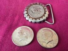 2 Kennedy 40% US Silver Half Dollars & Kennedy Half in Belt Buckle