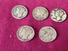 5 Mercury US Silver Dimes