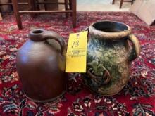 Roseville pottery vase and a brown glaze stoneware jug