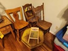 Three Wooden Chairs, Green Footstool, Decor