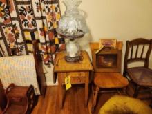Drop Leaf End Stand with Two Drawers, Glass Hurricane Lamp