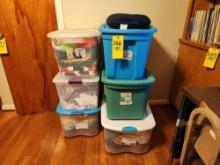 Six Totes of Hats, Crocheted Blankets, Vests, Material