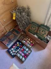 Vintage Tinsel Christmas Tree, Ornaments and Christmas Lights