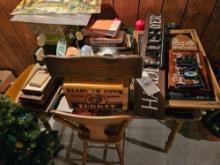 Table, chair, signs, decor