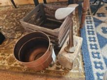 Cobblers stand, apple crate, metal planter
