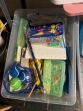 Shelf w childrens games, ice cream maker, linens