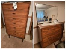 Dixie Mid Century Modern Dresser and Chest of Drawers, Vase and Towels