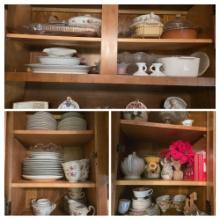 Contents of Hutch inc. Kyoto China Set, Servingware, Lefton China, Tins, Decor, Table Linens