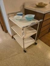 Rolling Cart w/ Assorted Pyrex Bowls some Amish Butter Pattern