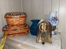 Longaberger baskets, clock, lamp