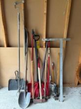 yard tools, snow shovel, brooms, spade shovel, hard rakes, sledge hammer, square, yard snips, etc.