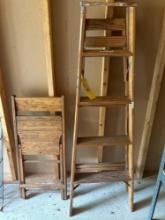wooded chair and Davidson 5 ft ladder