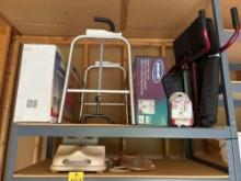wheel chair, shower chair, cane, raised toilet seat, hearing amplifier, buckets