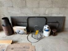 Folding table, chimney, plant holders, neck massager, weight soccer ball