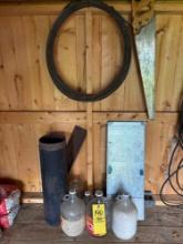 steel cable, chimney, 3 jugs, hand saw