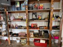 contents on garage shelf, grease gun, work lights, hardware, etc