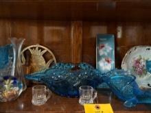 Kemple Wheaton blue glass, paper weights, plates, shot glass